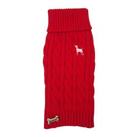 Cable Knit Roll Neck Jumper with Dog Logo - Red