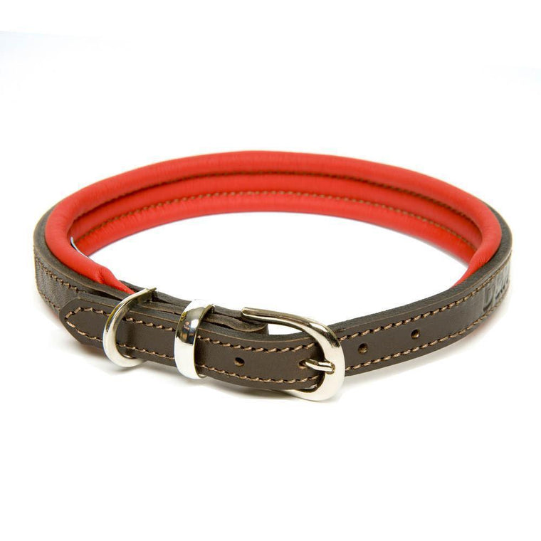 Dogs & Horses Padded Leather Dog Collar - Red & Brown
