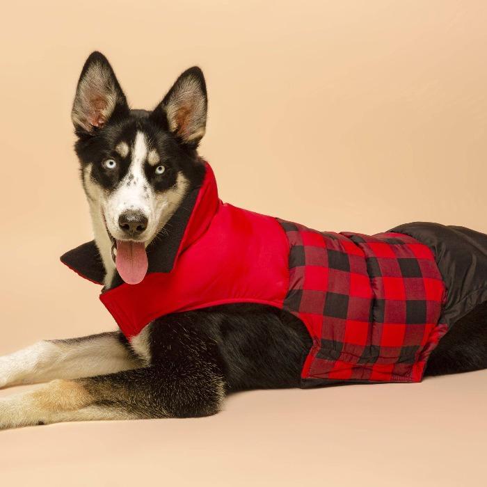 Fabdog | Red Buffalo Check Colour Block Dog Puffa Jacket-Fabdog-Love My Hound