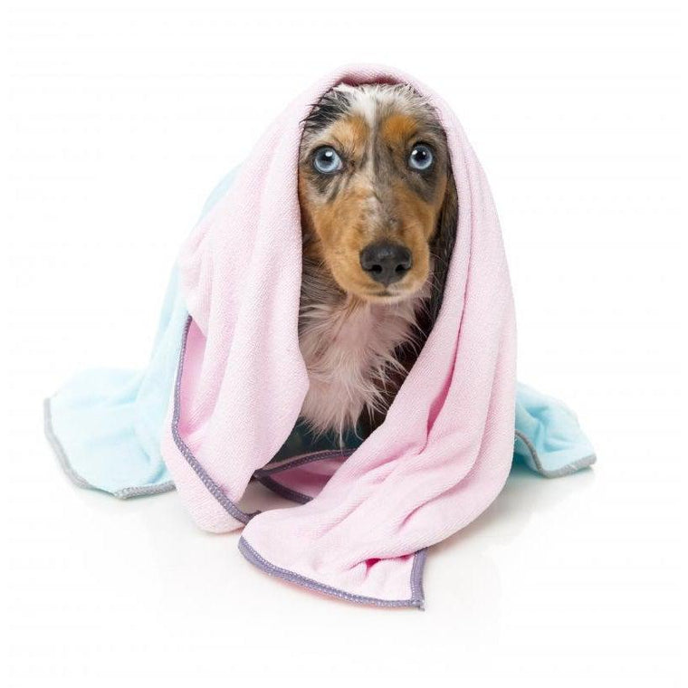 Fuzzyard | Microfibre Drying Towel For Puppies - Pink With Grey Trim
