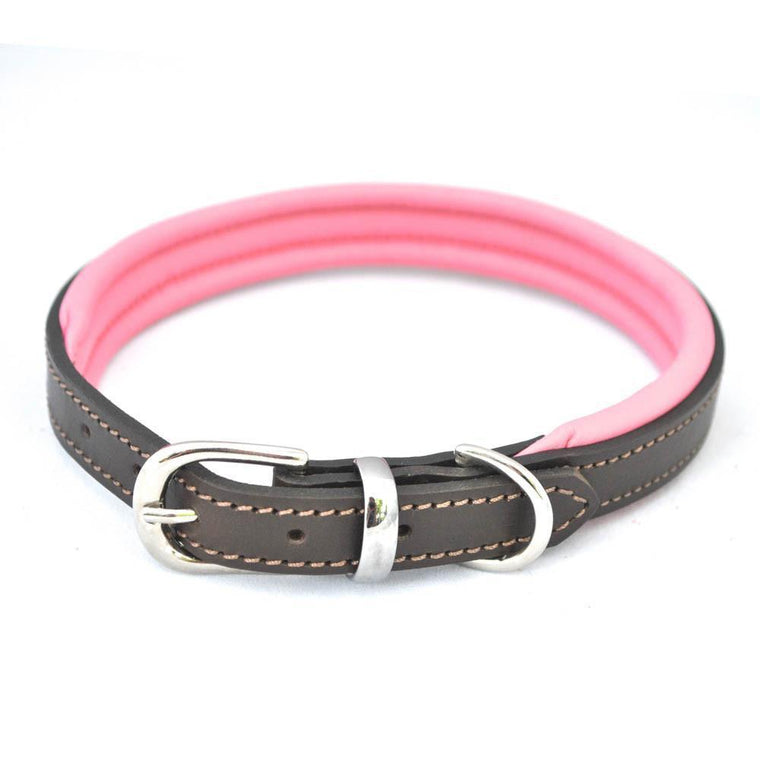 Dogs & Horses Padded Leather Dog Collar -  Pink & Brown