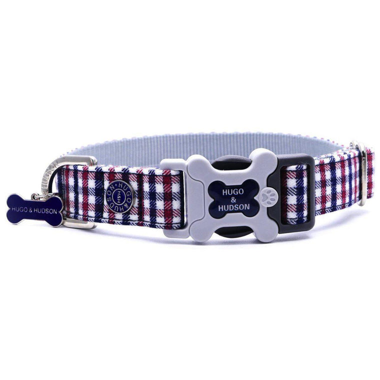 Hugo & Hudson - Navy and Red Checked Dog Bone Collar